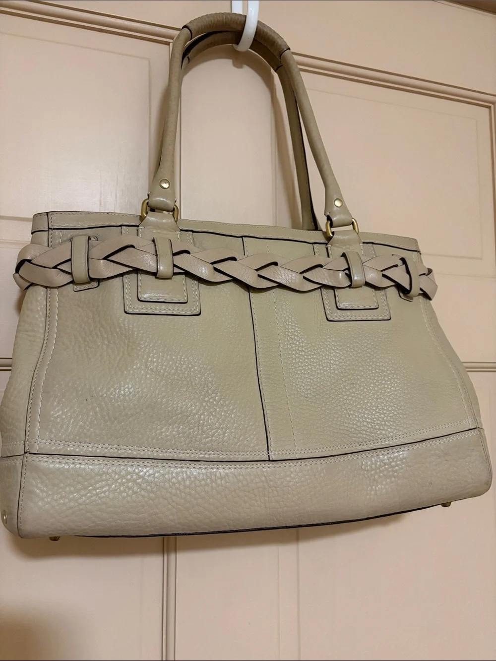 Coach Cream Leather Shoulder Tote with Braided Trim and Tassel